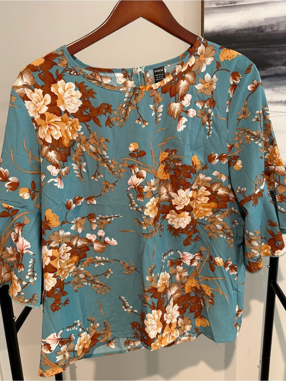 SHEIN Teal Floral Short-Sleeve Blouse with Cream & Brown Accents